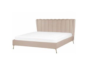 4255664830968 - Polsterbett Taupe aus Samt 180 x 200 cm mit USB-Anschluss Hohes Kopfteil Goldene Beine Elegant Modern Luxuriös Samtbett für Schlafzimmer