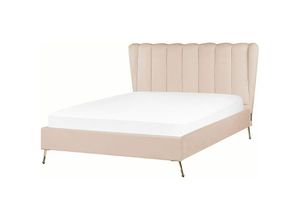 4255664830975 - Polsterbett Beige aus Samt 140 x 200 cm mit USB-Anschluss Hohes Kopfteil Goldene Beine Elegant Modern Luxuriös Samtbett für Schlafzimmer