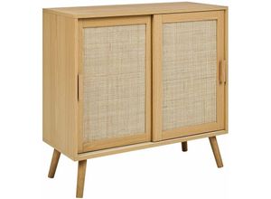 4255664832634 - Sideboard Helles Holz Rattan 2 Türen Spanplatte Holzbeine mit Regalen Moderne Schlafzimmer Aufbewahrungslösung