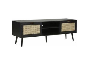 4255664833266 - Beliani - TV-Schrank Schwarz   Beige Rattan 2 Türen 150 x 40 x 52 cm Modernes Design Wiener Geflecht Rattangeflecht für Wohnzimmer Schlafzimmer