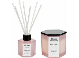 4255664834362 - Beliani - Raumduft-Set Rosa Sojawachs und Duftöl Duftkerze im Glas mit Deckel und Diffuser mit Stäbchen Duftnote Bergamotte Geschenkset