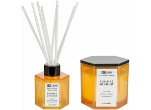 4255664834386 - Beliani - Raumduft-Set Orange Sojawachs und Duftöl Duftkerze im Glas mit Deckel und Diffuser mit Stäbchen Duftnote Sommerwiese Geschenkset