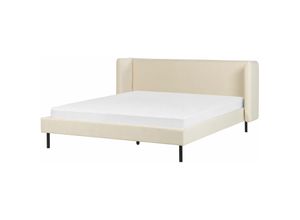 4255664835802 - Bett Beige Samtstoff mit Lattenrost 160 x 200 cm Schwarze Beine Hohes Ohrensessel-Kopfteil Retro Klassisch Bettrahmen Doppelbett Schlafzimmer