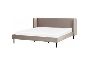 4255664835819 - Bett Taupe Samtstoff mit Lattenrost 180 x 200 cm Schwarze Beine Hohes Ohrensessel-Kopfteil Retro Klassisch Bettrahmen Doppelbett Schlafzimmer