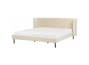 4255664835826 - Bett Beige Samtstoff mit Lattenrost 180 x 200 cm Schwarze Beine Hohes Ohrensessel-Kopfteil Retro Klassisch Bettrahmen Doppelbett Schlafzimmer