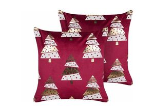 4255664838797 - Beliani - Dekokissen 2er Set in Rot aus Samtstoff 45 x 45 cm mit Gold Weiß Tannenbaum Motiv Weihnachten Weihnachtliche Kissen