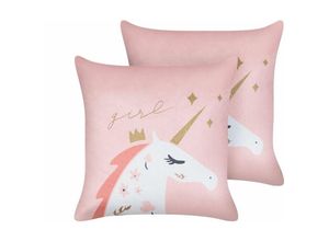 4255664838827 - Beliani - Dekokissen 2er Set in Rosa aus Samtstoff 45 x 45 cm mit Einhorn Motiv Tiermotiv Kinderkissen Kissen für Kinderzimmer