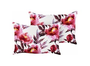 4255664840165 - Gartenkissen 2er Set Weiß u Rosa Stoffbezug mit Füllung Rechteckig 40x60 cm Blumenmuster Modernes Design Outdoor Terrasse Balkon Dekokissen