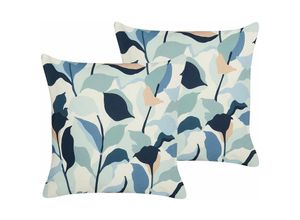 4255664840745 - Beliani - Gartenkissen 2er Set Blau   Weiß 45 x 45 cm Quadratisch Blättermotiv Blättermuster Outdoor Kissen für Garten Terrasse