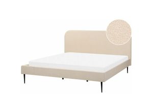 4255664841223 - Bett Hellbeige Bouclé mit Lattenrost 180 x 200 cm Metallfüße Schwarz Hohes Kopfteil Retro Glamourös Polsterbett Doppelbett Schlafzimmer