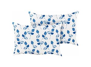 4255664841469 - Beliani - Gartenkissen 2er Set Weiß   Blau 40 x 60 cm Rechteckig Blättermotiv Blättermuster Outdoor Kissen für Garten Terrasse