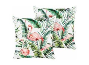 4255664841766 - Beliani - Gartenkissen 2er Set Mehrfarbig Stoffbezug mit Füllung Quadratisch 45 x 45 cm Vogelmotiv Flamingo Modern Sofakissen Outdoor Dekokissen