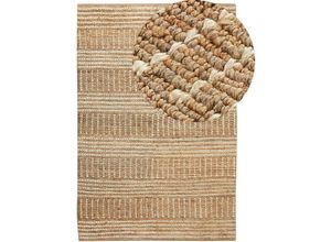 4255664844989 - Teppich Beige Jute Rechteckig 200x300 cm Streifenmuster Handgewebt Boho Kurzhaar für Fußbodenheizung Wohnzimmer Schlafzimmer Ausstattung