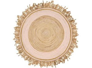 4255664845214 - Teppich Beige Jute Rund ⌀ 140 cm Kurzflor mit Kreismuster Fransen Handgefertigt Boho für Fußbodenheizung Flur Eingang Wohnzimmer Esszimmer 4255664845214 - Teppich Beige Jute Rund ⌀ 140 cm Kurzflor mit Kreismuster Fransen Handgefertigt Boho für Fußbodenheizung Flur Eingang Wohnzimmer Esszimmer