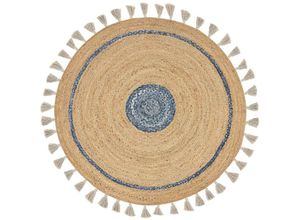 4255664845245 - Beliani - Teppich Beige   Blau Jute und Baumwolle Rund ⌀ 140 cm Kurzflor mit Kreisen Quasten Handgewebt Boho für Fußbodenheizung Wohnzimmer Esszimmer