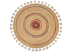 4255664845252 - Teppich Beige   Bunt Jute und Baumwolle Rund ⌀ 140 cm Kurzflor mit Kreisen Quasten Handgewebt Boho für Fußbodenheizung Wohnzimmer Esszimmer