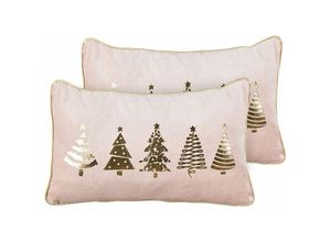 4255664846747 - Beliani - Dekokissen 2er Set Rosa und Gold Samtbezug mit Füllung Rechteckig 30x50 cm Weihnachtsmotiv Tannenbaum Reißverschluss Wohnzimmer Schlafzimmer