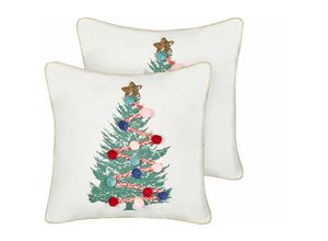 4255664846846 - Dekokissen 2er Set Weiß Baumwollbezug mit Füllung Biese Quadratisch 45x45 cm Weihnachtsmotiv Tannenbaum Reißverschluss Wohnzimmer Schlafzimmer