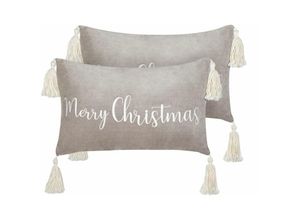 4255664846921 - Beliani - Dekokissen 2er Set Grau Samtbezug mit Füllung Schritfzug Rechteckig 30x50 cm Weihnachtsmotiv Reißverschluss Wohnzimmer Schlafzimmer Deko