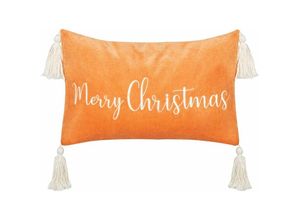 4255664846938 - Beliani - Dekokissen Orange Samtbezug mit Füllung Schritfzug Rechteckig 30x50 cm Weihnachtsmotiv Reißverschluss Wohnzimmer Schlafzimmer Deko