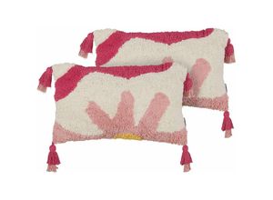 4255664847201 - Dekokissen 2er Set Rosa   Cremeweiß aus Baumwolle Getuftet 30 x 50 cm Rechteckig mit Blumenmotiv Quasten für Sofa Bett Wohnzimmer Kinderzimmer
