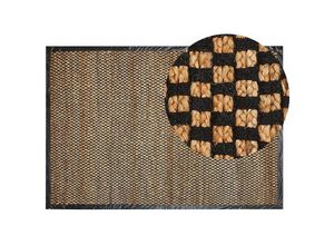 4255664848383 - Teppich Schwarz und Beige Jute Echtleder Baumwolle Rechteckig 140x200 cm Kurzflor Handgewebt Boho für Fußbodenheizung Läufer Flur Diele Vorleger