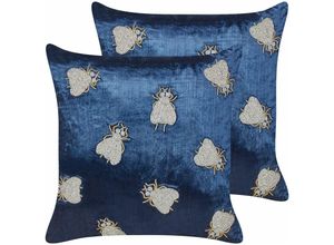 4255664850225 - Beliani - Dekokissen 2er Set Marineblau Samtstoff mit Polyester-Füllung 45 x 45 cm Fliegenmuster Modern Accessories Wohnzimmer Schlafzimmer Flur Diele