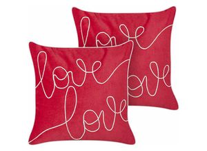 4255664850287 - Beliani - Dekokissen 2er Set Rot Samtstoff mit Polyester-Füllung 45 x 45 cm Love Schriftzug Romantisch Modern Accessories Wohnzimmer Schlafzimmer Flur