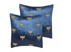 4255664850423 - Beliani - Set aus 2 dekorativen Kissen Marineblauer Samt 45 x 45 cm Tiermuster Libellenmotiv Modern Glamour Wohnzimmer Schlafzimmer Kissen