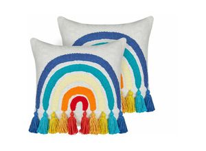 4255664851154 - Dekokissen 2er Set Bunt Baumwolle 45 x 45 cm mit Regenbogen Bestickt Quasten Quadratisch Modern Sofa Bett Wohnzimmer Schlafzimmer Kinderzimmer