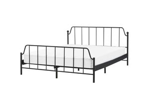 4255664854827 - Bett Schwarz Eisen mit Lettenrost 160 x 200 cm Hohes Kopfteil u Fußteil Industrie-Design Modern Schlafzimmer Doppelbett Metallbett Eisenbett