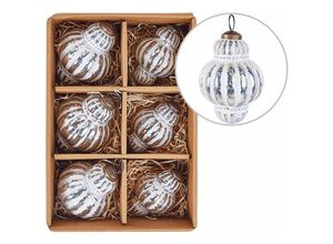 4255664856708 - Christbaumschmuck 6er Set Silber und Weiß Glas Antik-Optik ⌀ 10 cm und ⌀ 7 cm Handgemacht Baumschmuck Weihnachtskugel Christbaumkugel Glaskugel