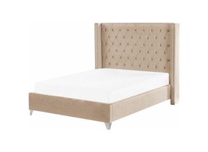 4255664856807 - Bett Beige Samt mit Lattenrost 140 x 200 cm Hohes Gestepptes Kopfteil Knopfheftung Nieten Chesterfield Stil Retro Doppelbett Schlafzimmer