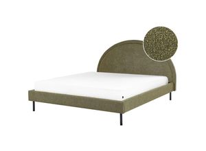 4255664857293 - Bett Olivgrün Bouclé Gepolstert Lattenrost 160 x 200 cm Hohes Rundes Kopfteil Retro Schlafzimmer Möbel Ausstattung