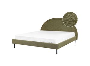 4255664857309 - Bett Olivgrün Bouclé Gepolstert Lattenrost 180 x 200 cm Hohes Rundes Kopfteil Retro Schlafzimmer Möbel Ausstattung