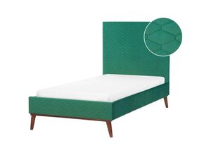 4255664857934 - Bett Grün Samt mit Lattenrost 90 x 200 cm Gestepptes Hohes Kopfteil Schlanke Holzbeine Glamourös Polsterbett Einzelbett Jugendbett Kinderbett