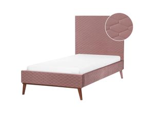 4255664857958 - Bett Rosa Samt mit Lattenrost 90 x 200 cm Gestepptes Hohes Kopfteil Schlanke Holzbeine Glamourös Polsterbett Einzelbett Jugendbett Kinderbett