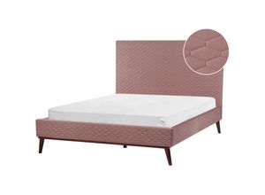 4255664857965 - Bett Rosa Samt mit Lattenrost 140 x 200 cm Gestepptes Hohes Kopfteil Schlanke Holzbeine Glamourös Polsterbett Doppelbett Samtbett Ehebett