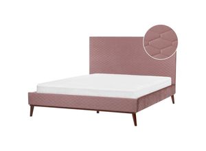 4255664857972 - Bett Rosa Samt mit Lattenrost 160 x 200 cm Gestepptes Hohes Kopfteil Schlanke Holzbeine Glamourös Polsterbett Doppelbett Samtbett Ehebett