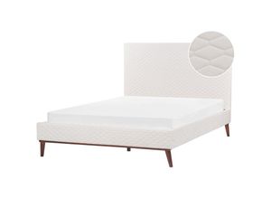 4255664858009 - Bett Cremeweiß Samt mit Lattenrost 140 x 200 cm Gestepptes Hohes Kopfteil Schlanke Holzbeine Glamourös Polsterbett Doppelbett Samtbett Ehebett