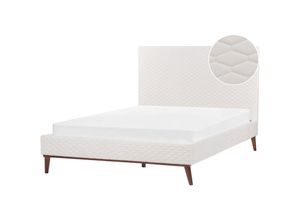 4255664858016 - Bett Cremeweiß Samt mit Lattenrost 160 x 200 cm Gestepptes Hohes Kopfteil Schlanke Holzbeine Glamourös Polsterbett Doppelbett Samtbett Ehebett