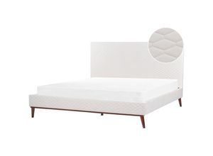 4255664858023 - Bett Cremeweiß Samt mit Lattenrost 180 x 200 cm Gestepptes Hohes Kopfteil Schlanke Holzbeine Glamourös Polsterbett Doppelbett Samtbett Ehebett