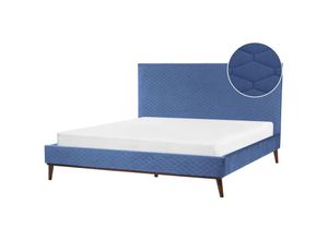 4255664858047 - Bett Blau Samt mit Lattenrost 180 x 200 cm Gestepptes Hohes Kopfteil Schlanke Holzbeine Glamourös Polsterbett Doppelbett Samtbett Ehebett