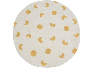 4255664861009 - Teppich Beige u Gelb Baumwolle Rund 140cm mit Mondmuster Getuftet Kurzflor Kinderzimmer Baumwollteppich Kinderteppich Fußbodenheizung Geeignet