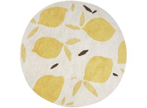 4255664861023 - Beliani - Teppich Beige u Gelb Baumwolle Rund 140cm Zitronenmuster Getuftet Kurzflor Kinderzimmer Baumwollteppich Kinderteppich Fußbodenheizung