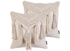 4255664861719 - Beliani - Dekokissen 2er Set Beige aus Baumwolle 45 x 45 cm Makramee Design mit Fransen Boho Stil Modern für Wohnzimmer Schlafzimmer Sofa Sessel Bett