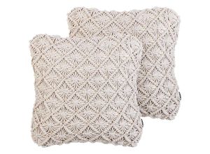 4255664862280 - Beliani - Dekokissen 2er Set Hellbeige Baumwolle Quadratisch 45 x 45 cm Strickmuster Makramee Boho-Stil Wohnzimmer Schlafzimmer Sofakissen Zierkissen