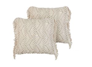 4255664862464 - Dekokissen 2er Set Hellbeige Baumwolle Quadratisch 45x45 cm Mit Füllung Fransen Strickmuster Boho-Stil Wohnzimmer Schlafzimmer Sofakissen