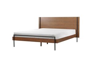 4255664862877 - Holzbett Dunkelbraun u Schwarz mit Metallbeinen 160 x 200 cm Kopfteil Lattenrost Elegant Modernes Design für Schlafzimmer