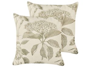 4255664862945 - Dekokissen 2er Set Beige u Grün Blumenmuster 45 x 45 cm Quadratisch Abnehmbarer Bezug für Wohnzimmer Schlafzimmer Sofa Sessel Bett